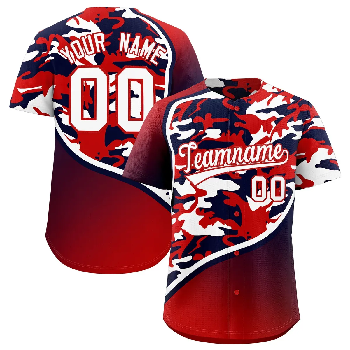 Red Navy White Camo Gradient Fashion Baseball Jersey