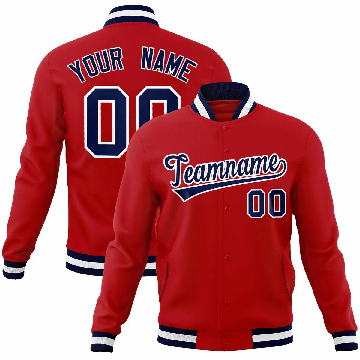 Red Navy-White Classic Varsity Full-Snap Letterman Jacket