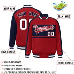 Red Navy-White Color Block Bomber Varsity Baseball Jacket 2
