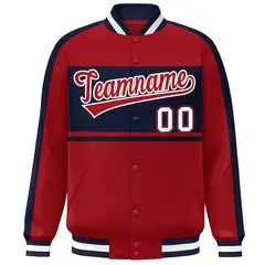 Red Navy-White Color Block Bomber Varsity Baseball Jacket 3