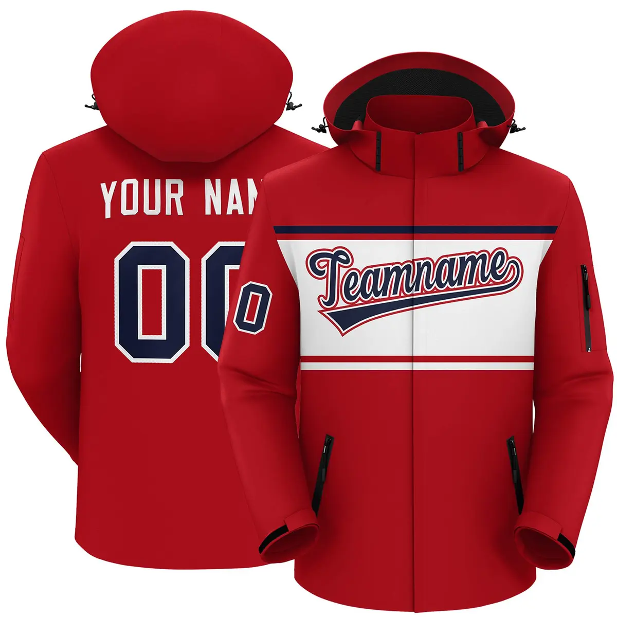 Red Navy-White Color Block Hooded Waterproof Outdoor Jacket