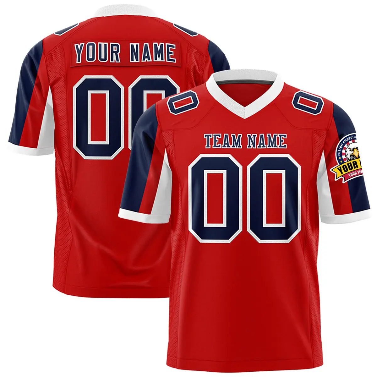 Red Navy-White Color Block Raglan Sleeves Football Jersey