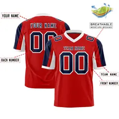 Red Navy-White Color Block Raglan Sleeves Football Jersey 2