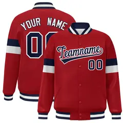 Red Navy-White Color Block Varsity Full-Snap Baseball Jacket