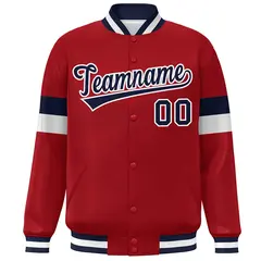 Red Navy-White Color Block Varsity Full-Snap Baseball Jacket 3