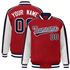 Red Navy-White Color Block Varsity Full-Snap Baseball Jacket