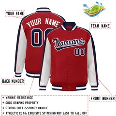Red Navy-White Color Block Varsity Full-Snap Baseball Jacket 2