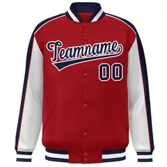 Red Navy-White Color Block Varsity Full-Snap Baseball Jacket 3