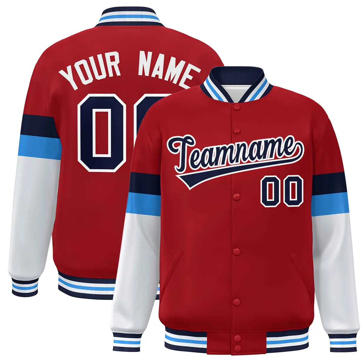 Red Navy-White Color Block Varsity Full-Snap Baseball Jacket
