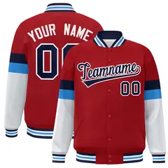 Red Navy-White Color Block Varsity Full-Snap Baseball Jacket 1