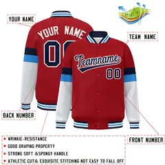 Red Navy-White Color Block Varsity Full-Snap Baseball Jacket 2
