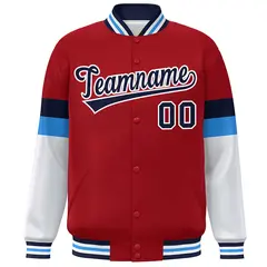 Red Navy-White Color Block Varsity Full-Snap Baseball Jacket 3