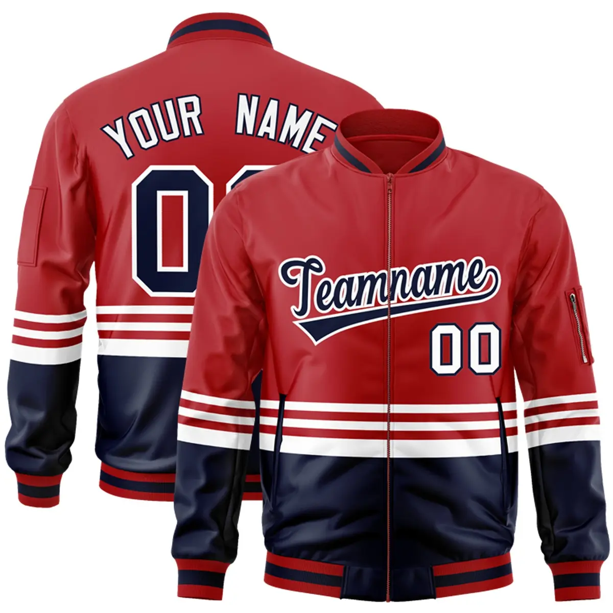 Red Navy-White Color Block Varsity Letterman Bomber Jacket
