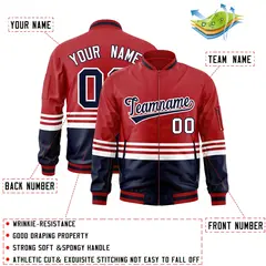 Red Navy-White Color Block Varsity Letterman Bomber Jacket 2