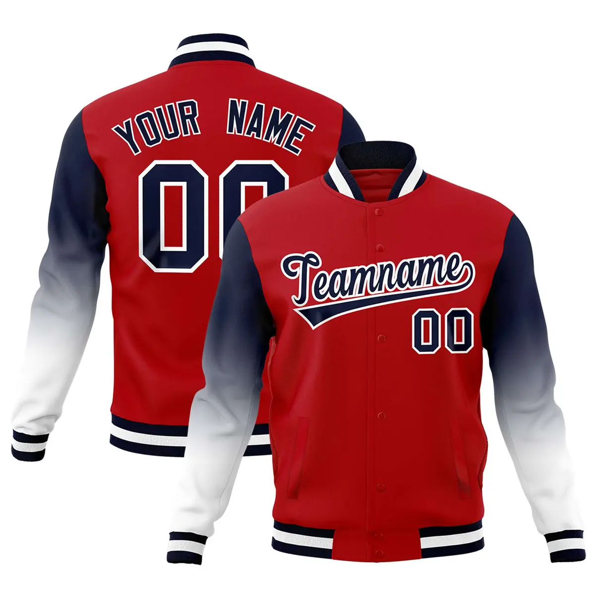 Red Navy White Gradient Raglan Full-Snap Letterman Jacket