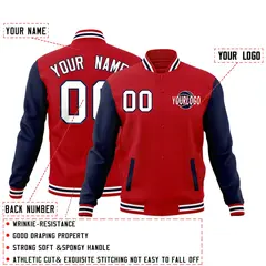 Red Navy White Raglan Sleeve Cotton Letterman Jacket 2