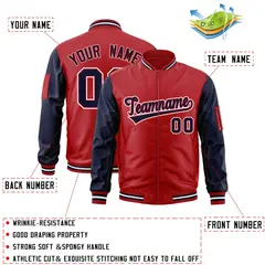 Red Navy-White Raglan Sleeves Letterman Bomber Jacket 2