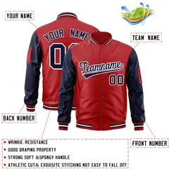 Red Navy-White Raglan Sleeves Letterman Bomber Jacket 2