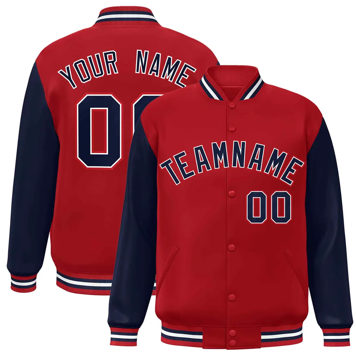 Red Navy-White Raglan Sleeves Varsity Full-Snap Letterman Jacket