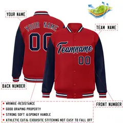 Red Navy-White Raglan Sleeves Varsity Full-Snap Letterman Jacket 2
