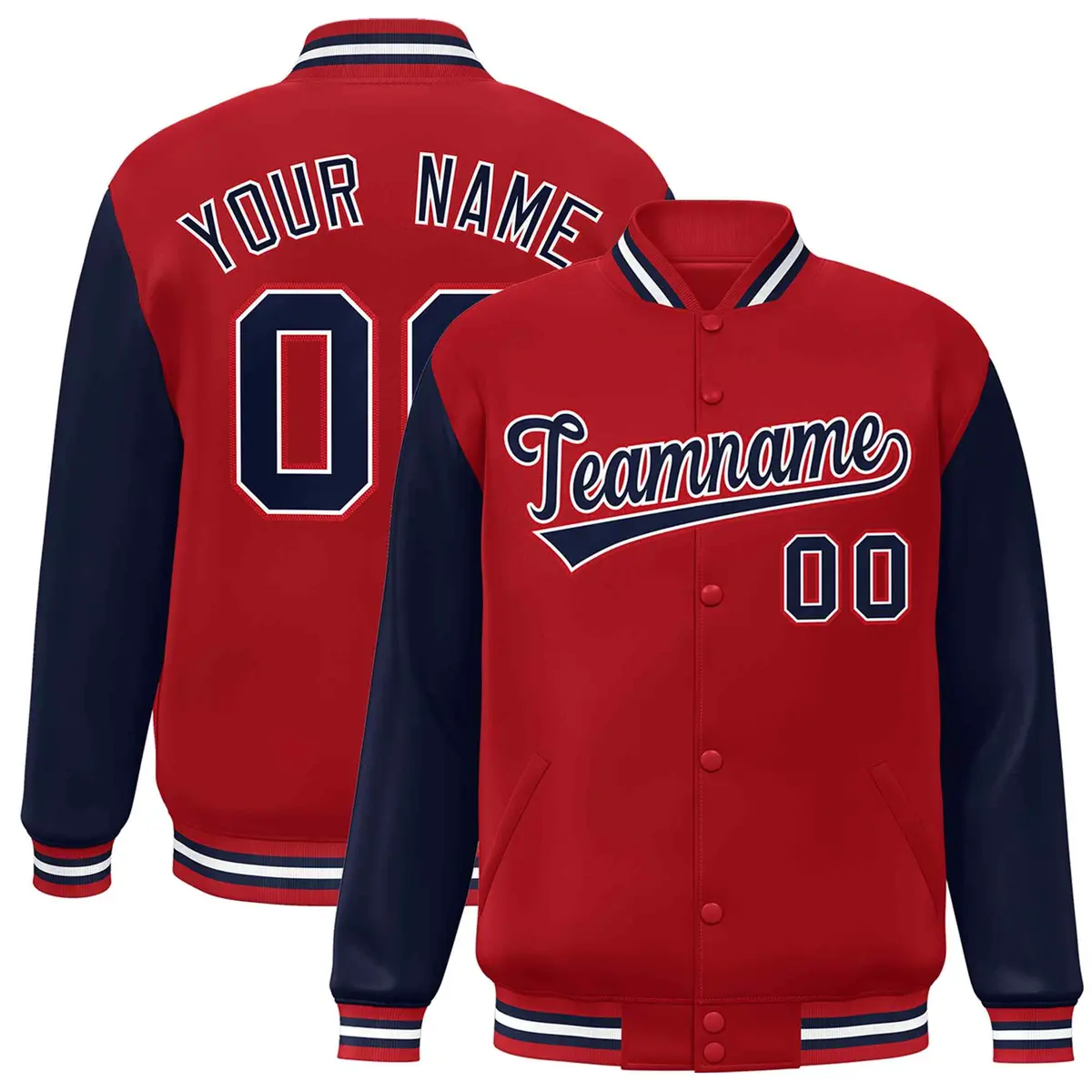 Red Navy-White Raglan Sleeves Varsity Full-Snap Letterman Jacket