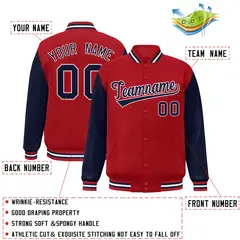 Red Navy-White Raglan Sleeves Varsity Full-Snap Letterman Jacket 2
