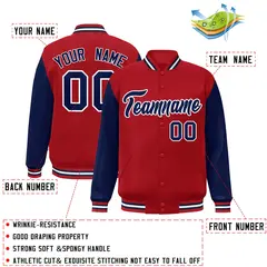 Red Navy-White Raglan Sleeves Varsity Full-Snap Letterman Jacket 2