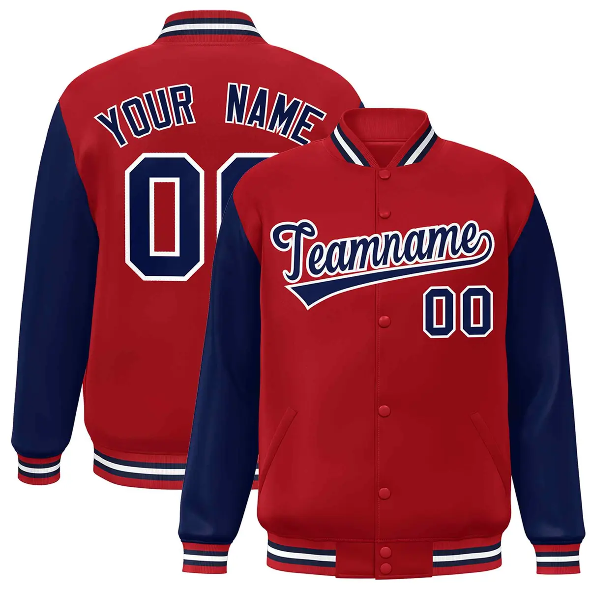 Red Navy-White Raglan Sleeves Varsity Full-Snap Letterman Jacket