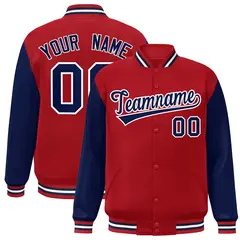 Red Navy-White Raglan Sleeves Varsity Full-Snap Letterman Jacket 1