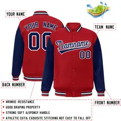 Red Navy-White Raglan Sleeves Varsity Full-Snap Letterman Jacket 2
