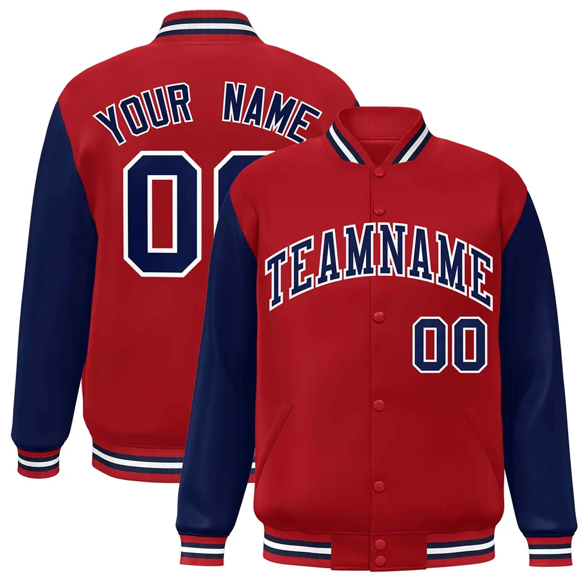 Red Navy-White Raglan Sleeves Varsity Full-Snap Letterman Jacket