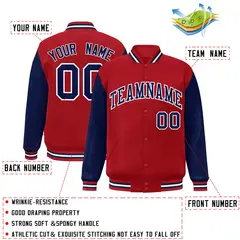 Red Navy-White Raglan Sleeves Varsity Full-Snap Letterman Jacket 2