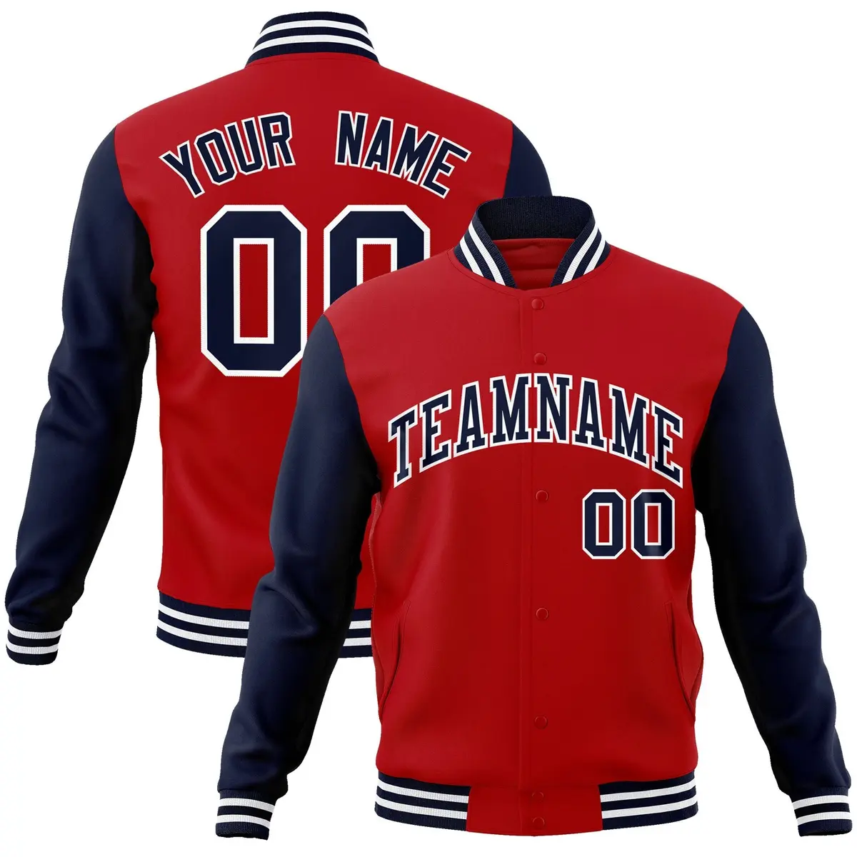 Red Navy-White Raglan Sleeves Varsity Full-Snap Letterman Jacket