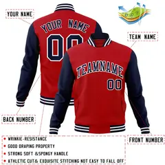 Red Navy-White Raglan Sleeves Varsity Full-Snap Letterman Jacket 4