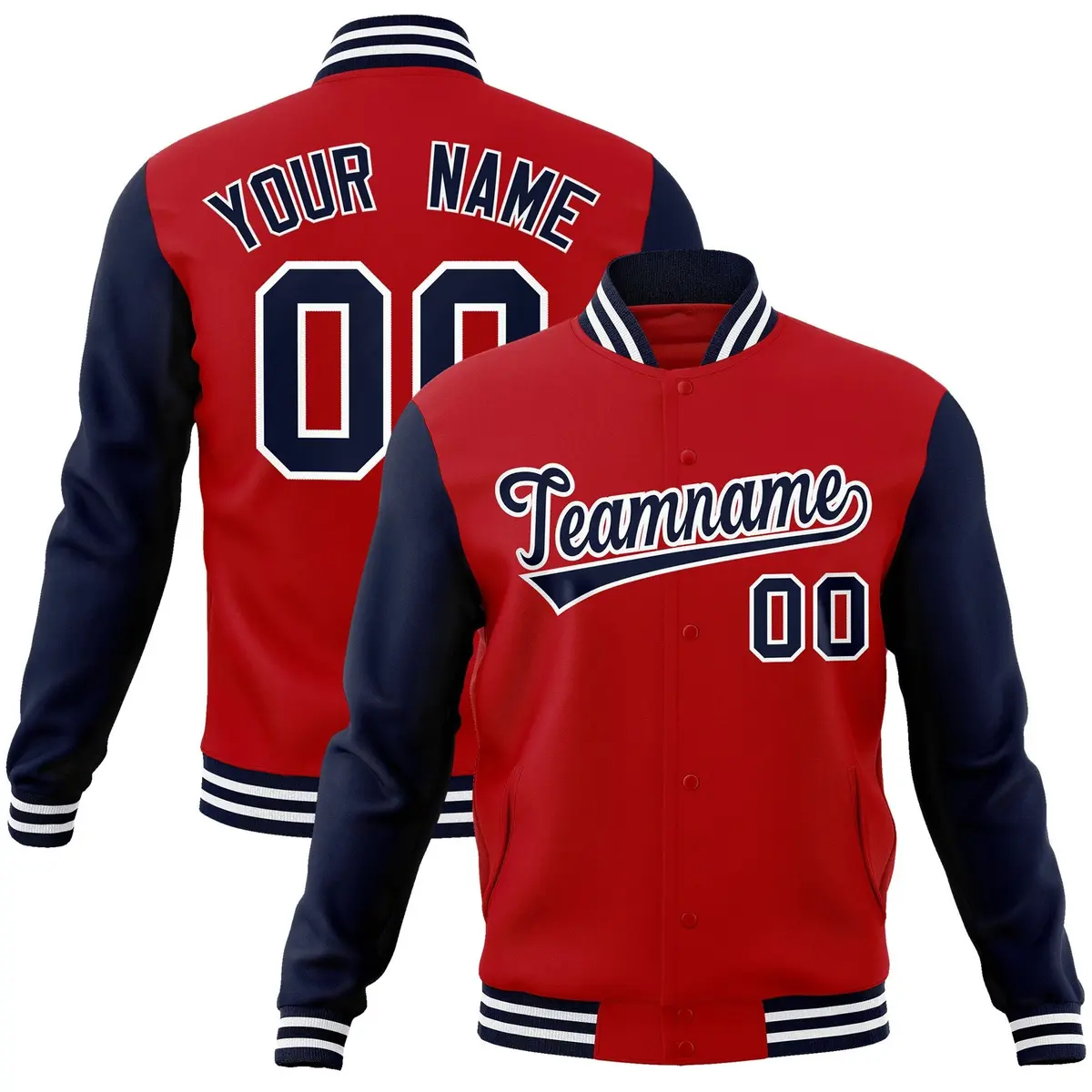 Red Navy-White Raglan Sleeves Varsity Full-Snap Letterman Jacket