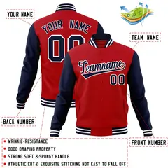 Red Navy-White Raglan Sleeves Varsity Full-Snap Letterman Jacket 4