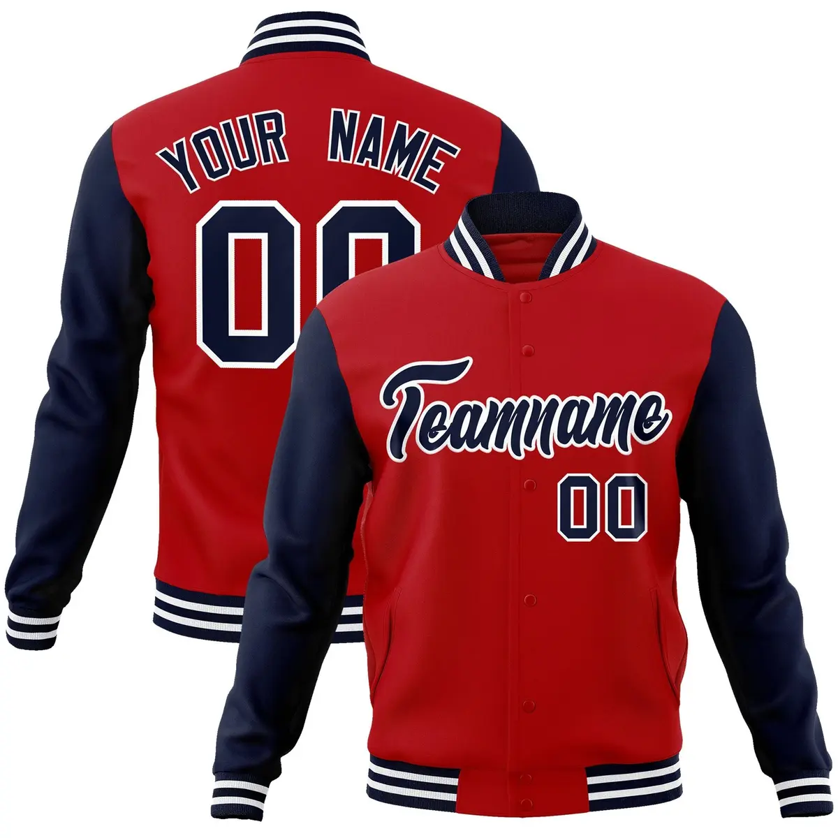 Red Navy-White Raglan Sleeves Varsity Full-Snap Letterman Jacket