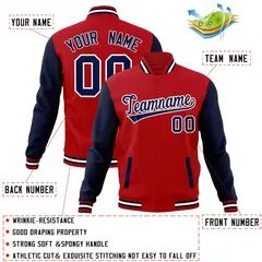 Red Navy-White Raglan Sleeves Varsity Full-Snap Letterman Jacket 4
