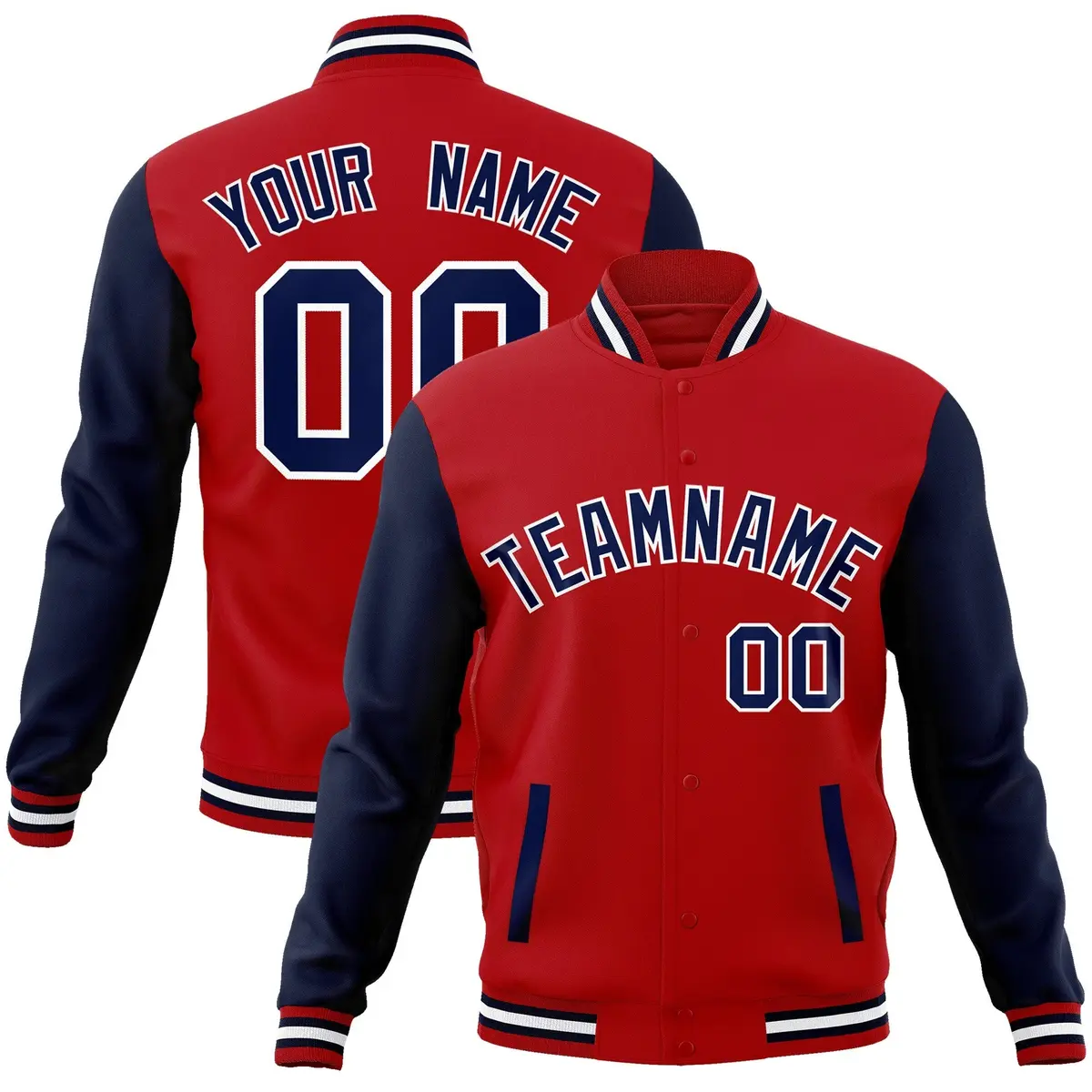 Red Navy-White Raglan Sleeves Varsity Full-Snap Letterman Jacket