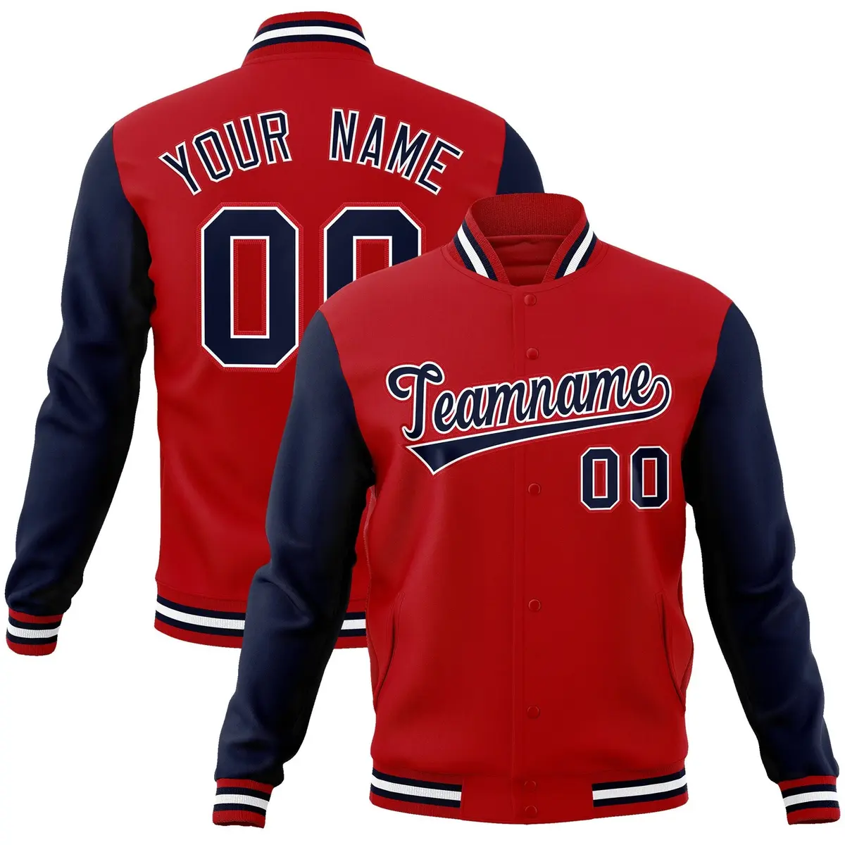 Red Navy-White Raglan Sleeves Varsity Full-Snap Letterman Jacket
