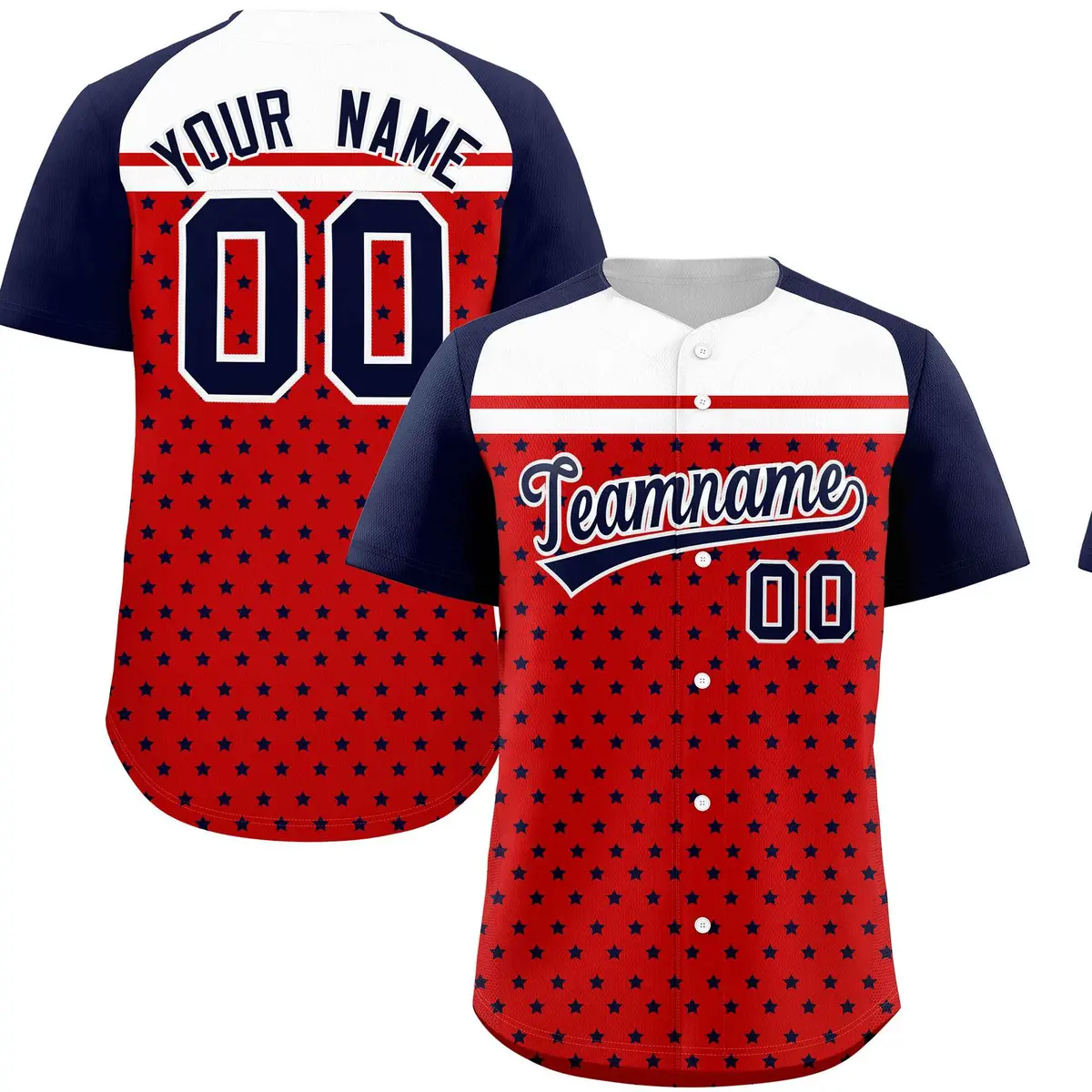 Red Navy-White Raglan Star Print Baseball Jersey