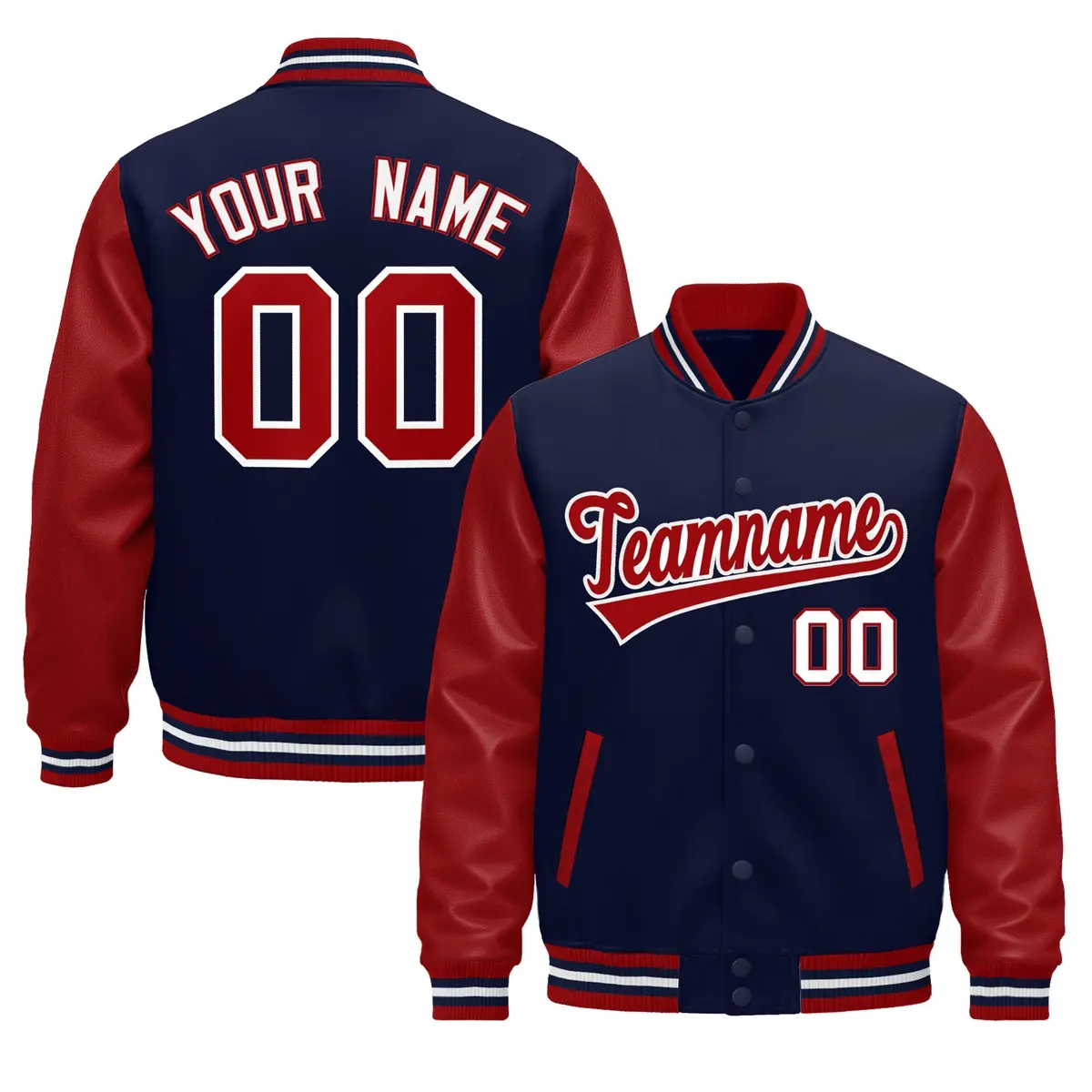 Red Navy White Raglan Varsity Full-Snap Leather Sleeves Letterman Jacket