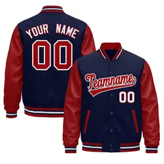 Red Navy White Raglan Varsity Full-Snap Leather Sleeves Letterman Jacket