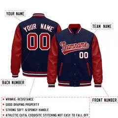 Red Navy White Raglan Varsity Full-Snap Leather Sleeves Letterman Jacket 2