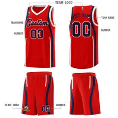 Red Navy-White Ribbon Pattern Basketball Kits 5