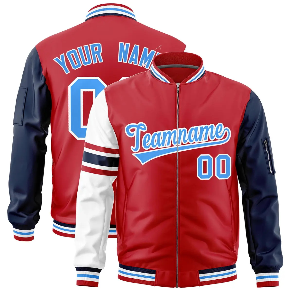Red Navy-White Stripe Raglan Varsity Full-Zip Letterman Bomber Jacket