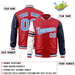 Red Navy-White Stripe Raglan Varsity Full-Zip Letterman Bomber Jacket 2