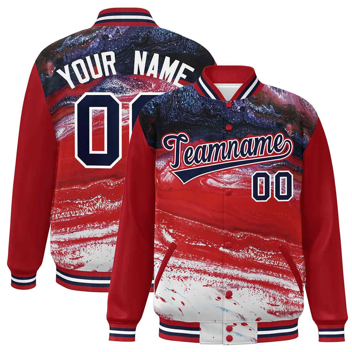 Red Navy-White Tie Dye Graffiti Varsity Letterman Jacket