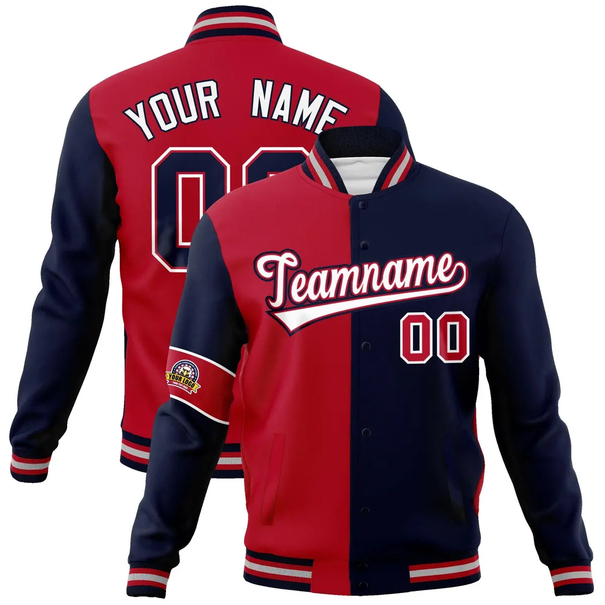 Red Navy-White Two Tone Split Letterman Varsity Jacket