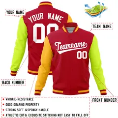Red Neon Green-Gold Raglan Full-Snap Varsity Letterman Jacket 4
